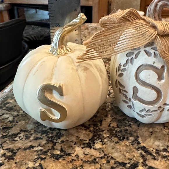 2 pk Decorative White and Cream Pumpkins with Gold Accents Letter “S” - Picture 4 of 6